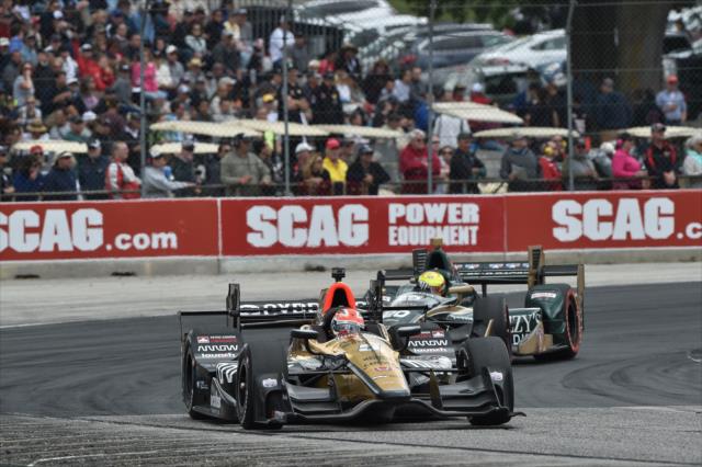 James Hinchcliffe and Spencer Pigot sail into Turn 5 during the KOHLER Grand Prix at Road America -- Photo by: Chris Owens