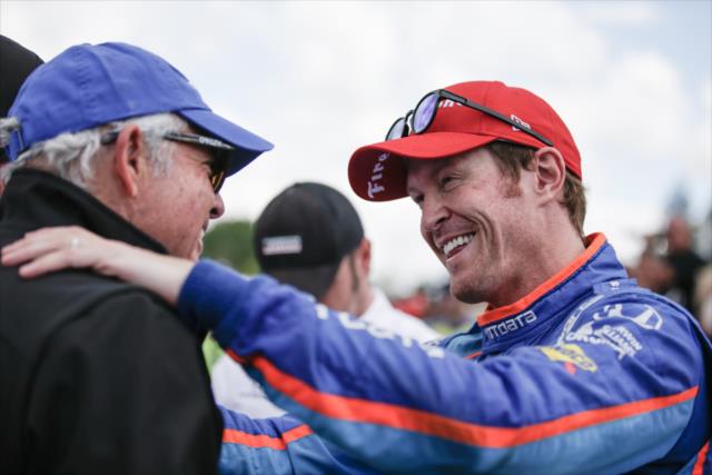 Scott Dixon celebrates with Mike Hull in Victory Circle following their win in the KOHLER Grand Prix at Road America -- Photo by: Shawn Gritzmacher