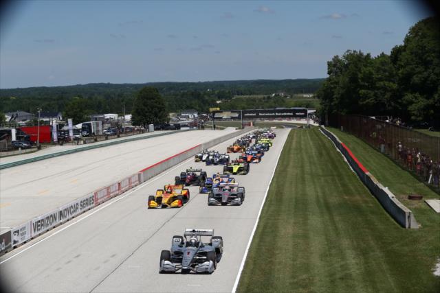 Josef Newgarden leads the field to the green flag to start the KOHLER Grand Prix at Road America -- Photo by: Chris Jones