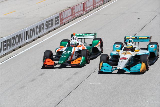 Alfonso Celis Jr. and Gabby Chaves go wheel-to-wheel down the frontstretch during the KOHLER Grand Prix at Road America -- Photo by: Chris Jones