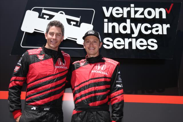 Arie Luyendyk Jr. and Fastest Seat In Sports guest rider Peter Tarach backstage during pre-race festivities for the KOHLER Grand Prix at Road America -- Photo by: Chris Jones