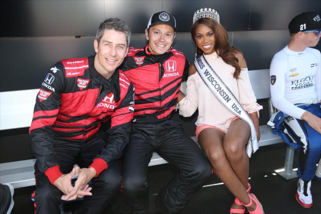 Arie Luyendyk Jr. with Peter Tarach (Fastest Seat In Sports two-seater guest) and Regina Gray (Miss Wisconsin USA 2018) backstage during pre-race festivities for the 2018 KOHLER Grand Prix at Road America -- Photo by: Chris Jones