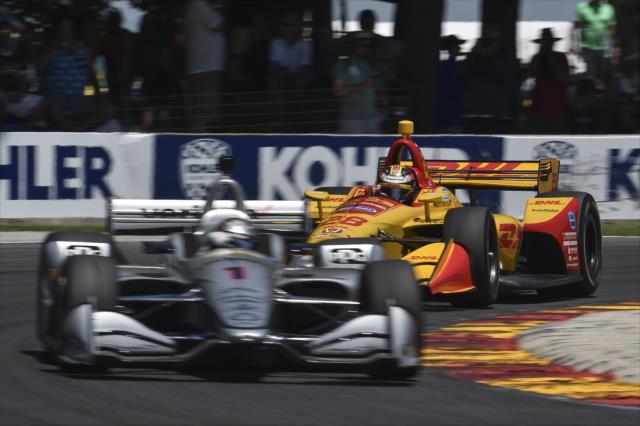 Ryan Hunter-Reay chases down Josef Newgarden through Turn 6 during the KOHLER Grand Prix at Road America -- Photo by: Chris Owens