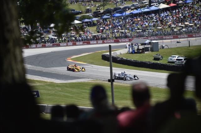 Josef Newgarden and Ryan Hunter-Reay go nose-to-tail through Turn 5 during the KOHLER Grand Prix at Road America -- Photo by: Chris Owens