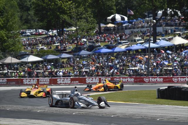 Josef Newgarden leads Ryan Hunter-Reay and Zach Veach through Turn 5 during the KOHLER Grand Prix at Road America -- Photo by: Chris Owens