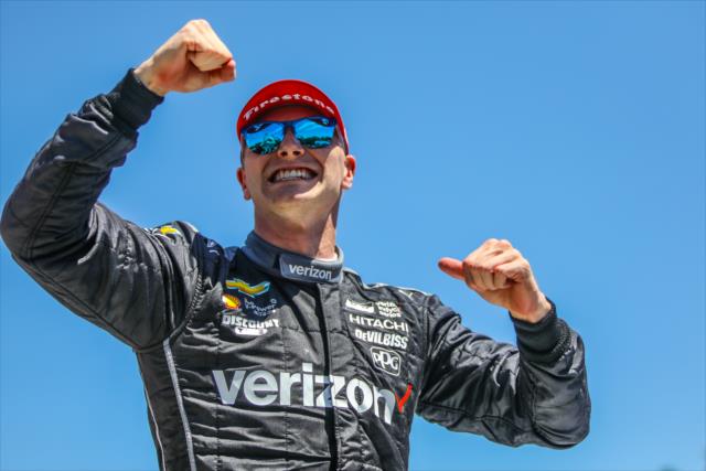 Josef Newgarden begins the celebration in Victory Lane after winning the KOHLER Grand Prix at Road America -- Photo by: Shawn Gritzmacher