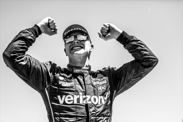 Josef Newgarden begins the celebration in Victory Lane after winning the KOHLER Grand Prix at Road America -- Photo by: Shawn Gritzmacher