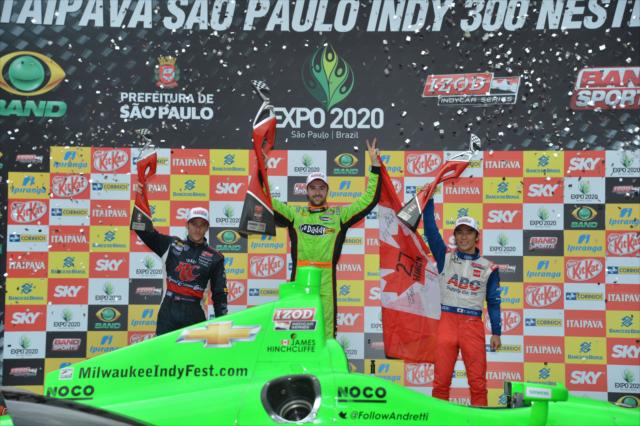 2013 Sao Paulo Indy 300 Podium - James Hinchcliffe, Takuma Sato, and Marco Andretti -- Photo by: John Cote