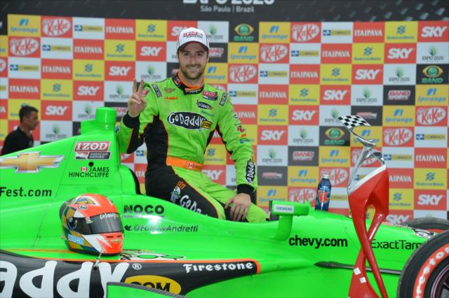 James Hinchcliffe celebrates in Victory Lane after his 2nd win in 2013 -- Photo by: John Cote