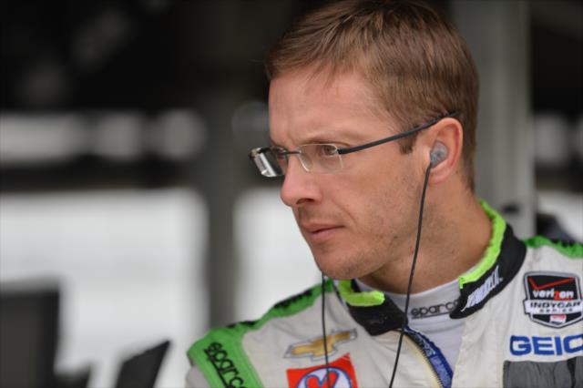 Sebastien Bourdais in his pit stand prior to the final warmup for the Angie's List Grand Prix of Indianapolis -- Photo by: John Cote
