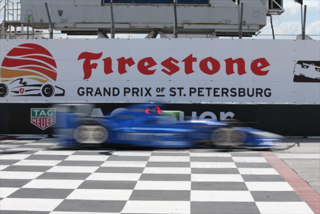 Tony Kanaan flashes across the start-finish line during practice for the Firestone Grand Prix of St. Petersburg -- Photo by: Chris Jones