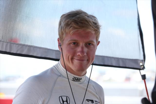Spencer Pigot in his pit stand following practice for the Firestone Grand Prix of St. Petersburg -- Photo by: Chris Jones