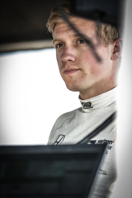 Spencer Pigot waits in his pit stand prior to practice for the Firestone Grand Prix of St. Petersburg -- Photo by: Shawn Gritzmacher