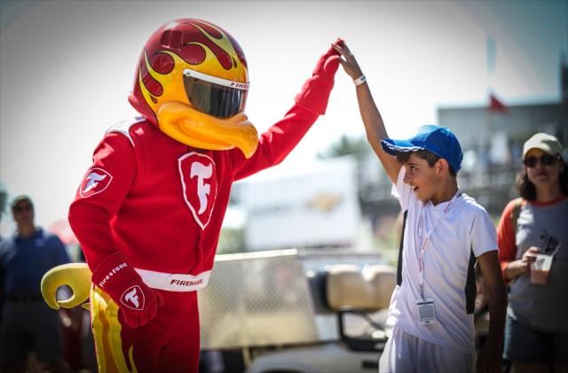 The Firestone Firehawk gives a high-5 to a youngster in the St. Petersburg Fan Village -- Photo by: Shawn Gritzmacher