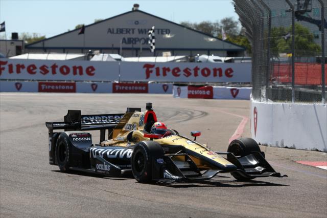 James Hinchcliffe rolls into Turn 2 during practice for the Firestone Grand Prix of St. Petersburg -- Photo by: Chris Jones