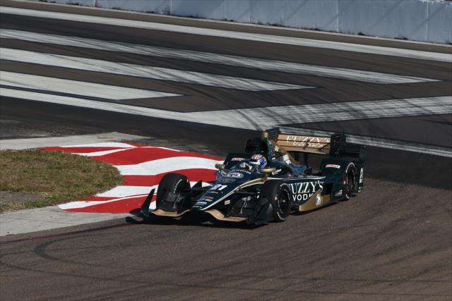 JR Hildebrand apexes Turn 1 during practice for the Firestone Grand Prix of St. Petersburg -- Photo by: Chris Jones