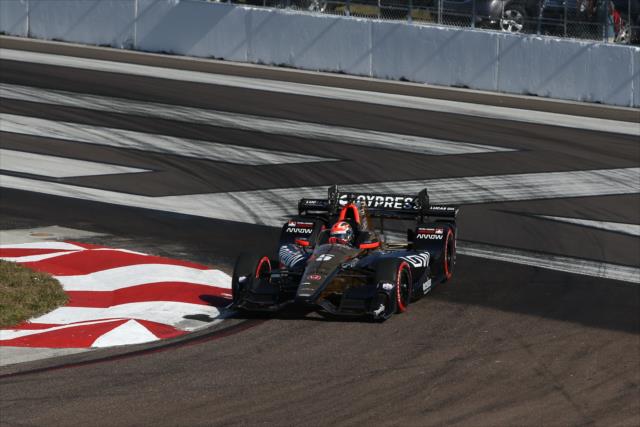James Hinchcliffe apexes Turn 1 during practice for the Firestone Grand Prix of St. Petersburg -- Photo by: Chris Jones