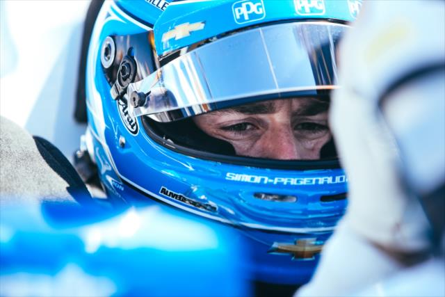 Simon Pagenaud sits in his No. 1 PPG Paints Chevrolet on pit lane during practice for the Firestone Grand Prix of St. Petersburg -- Photo by: Joe Skibinski