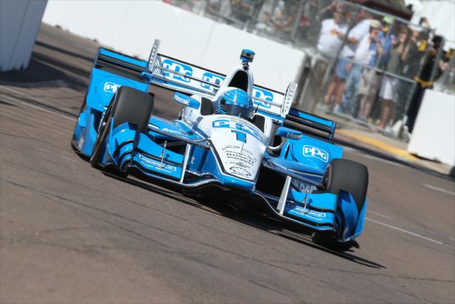 Simon Pagenaud sets up for Turn 12 during practice for the Firestone Grand Prix of St. Petersburg -- Photo by: Joe Skibinski