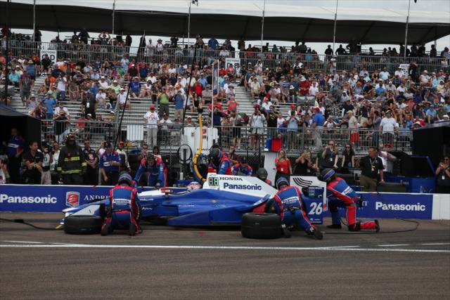 Takuma Sato comes in for tires and fuel on pit lane during the Firestone Grand Prix of St. Petersburg -- Photo by: Chris Jones