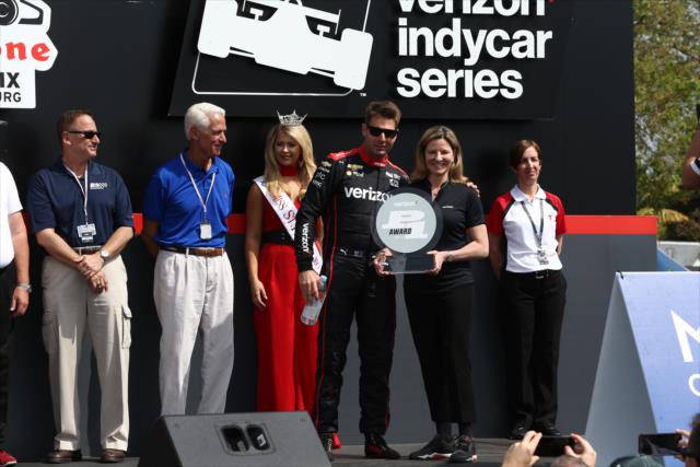 Will Power accepts the Verizon P1 Award for winning the pole position during pre-race festivities for the Firestone Grand Prix of St. Petersburg -- Photo by: Chris Jones
