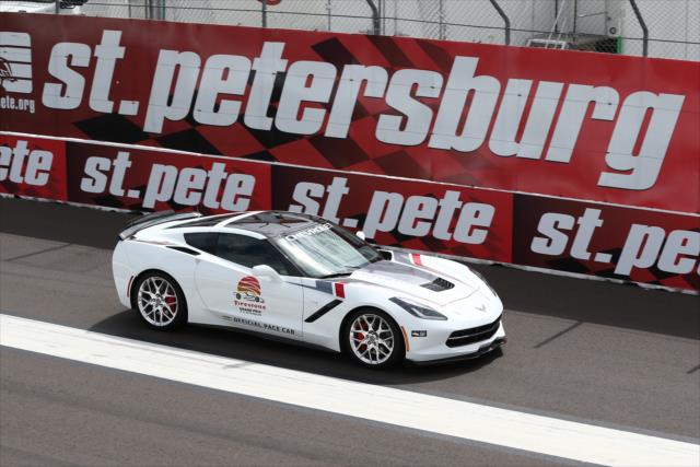 The Chevrolet Corvette pace car makes its way down the frontstretch prior to the start of the Firestone Grand Prix of St. Petersburg -- Photo by: Chris Jones