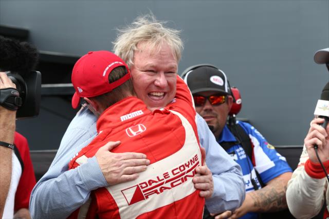 Team Owner Dale Coyne hugs Sebastien Bourdais following their victory in the Firestone Grand Prix of St. Petersburg -- Photo by: Chris Jones