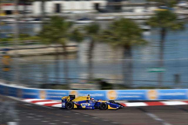 Alexander Rossi apexes Turn 10 at Dan Wheldon Way during the final warmup for the Firestone Grand Prix of St. Petersburg -- Photo by: Chris Owens