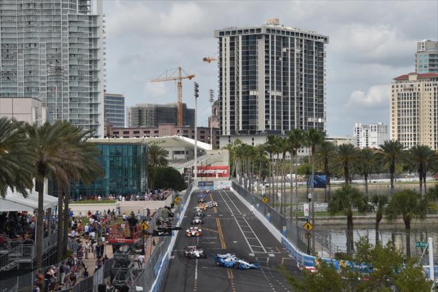 Simon Pagenaud leads a group into Turn 10 during the Firestone Grand Prix of St. Petersburg -- Photo by: Chris Owens