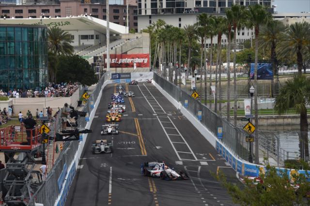 Ed Jones leads a group into Turn 10 during the Firestone Grand Prix of St. Petersburg -- Photo by: Chris Owens