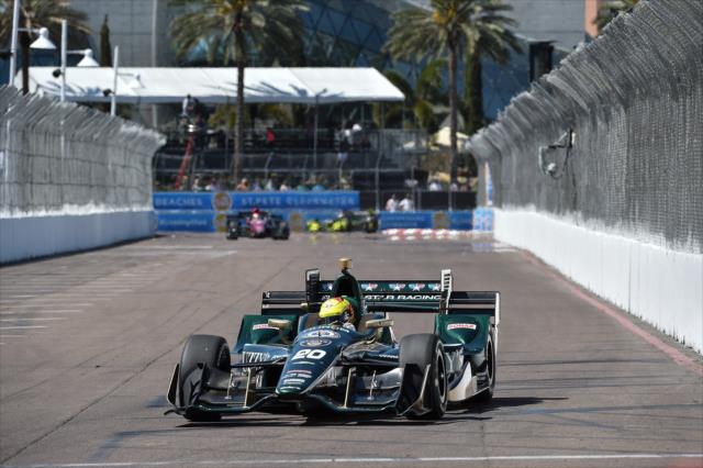 Spencer Pigot sets up for Turn 11 during the final warmup for the Firestone Grand Prix of St. Petersburg -- Photo by: Chris Owens