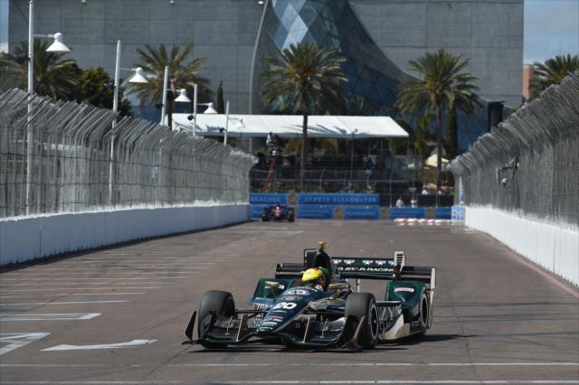 Spencer Pigot dives into Turn 11 during the final warmup for the Firestone Grand Prix of St. Petersburg -- Photo by: Chris Owens