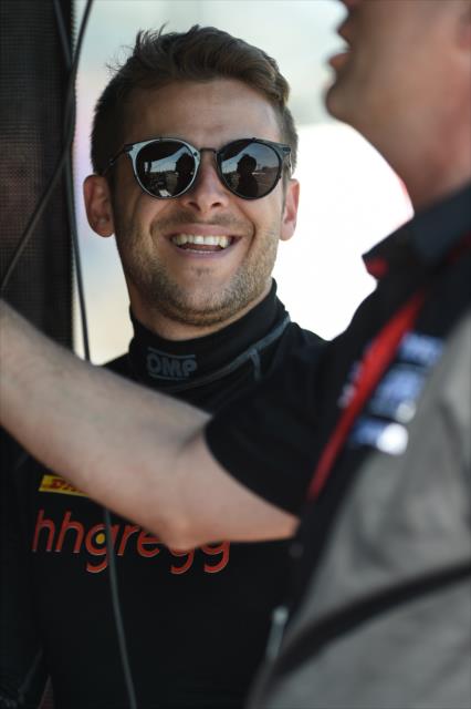 Marco Andretti with a light moment in the pit stand prior to the final warmup for the Firestone Grand Prix of St. Petersburg -- Photo by: Chris Owens