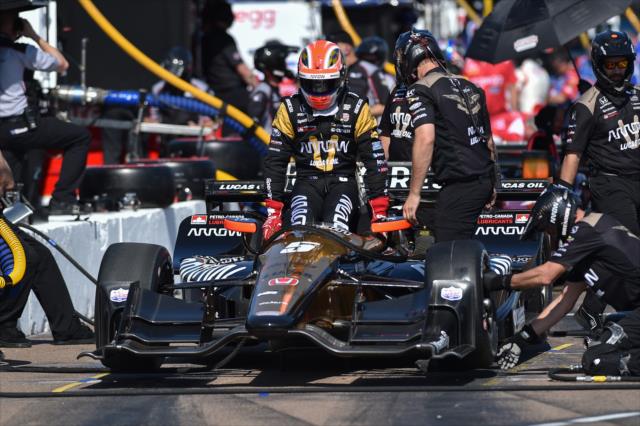 James Hinchcliffe slides out of his No. 5 Arrow Honda on pit lane following the final warmup for the Firestone Grand Prix of St. Petersburg -- Photo by: Chris Owens