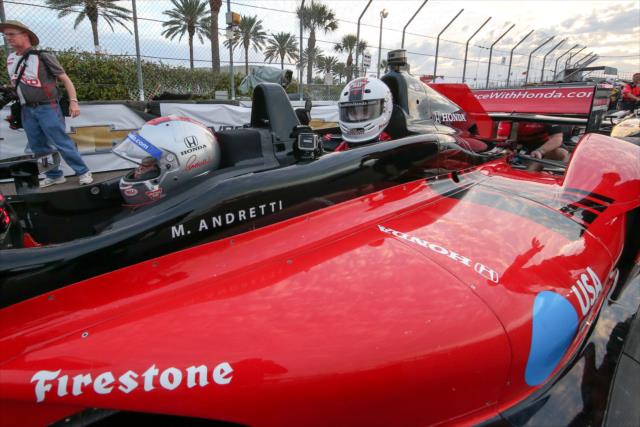 Mark Schlereth waits for his two seater ride with Mario Andretti to begin at the Firestone Grand Prix of St. Petersburg. -- Photo by: Joe Skibinski