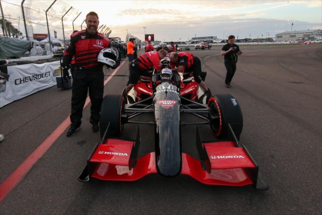 Former Tampa Bay Buccaneer fullback Mike Alstott poses after taking a ride in the two seater at the Firestone Grand Prix of St. Petersburg. -- Photo by: Joe Skibinski