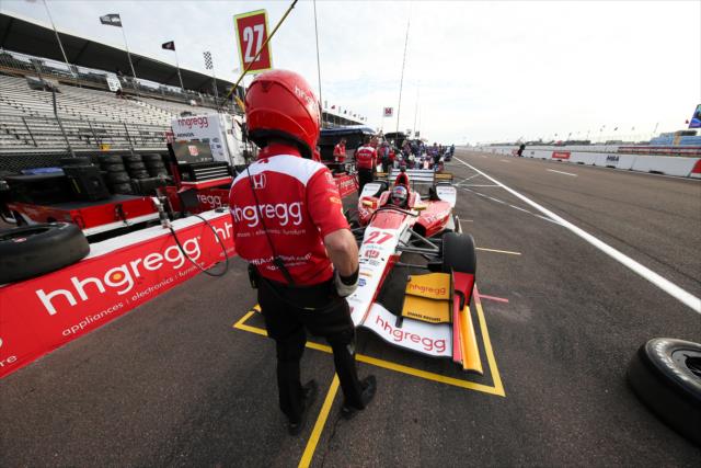 Marco Andretti waits on pit lane prior to the start of the final warmup for the Firestone Grand Prix of St. Petersburg -- Photo by: Joe Skibinski