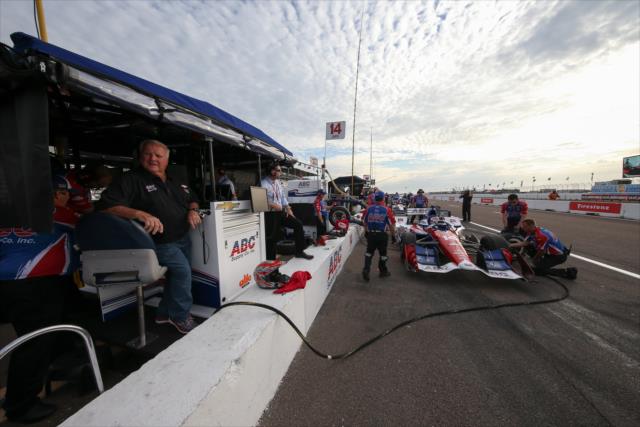 A.J. Foyt sits in the No. 14 ABC Supply Chevrolet pit stand of Carlos Munoz during the final warmup for the Firestone Grand Prix of St. Petersburg -- Photo by: Joe Skibinski