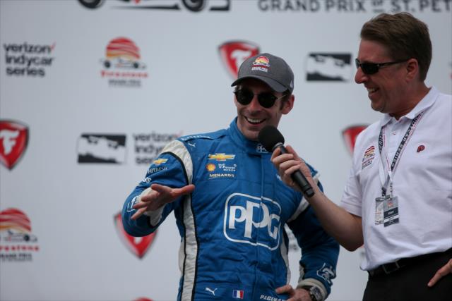 Simon Pagenaud is interviewed in Victory Circle following his 2nd Place finish in  the Firestone Grand Prix of St. Petersburg -- Photo by: Joe Skibinski