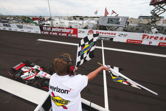 Sebastien Bourdais takes the twin checkered flags to win the 2017 Firestone Grand Prix of St. Petersburg -- Photo by: Joe Skibinski