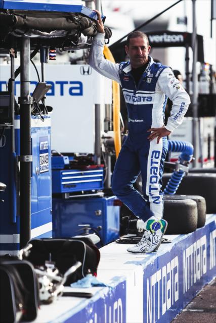 Tony Kanaan stands on the pit lane wall prior to the start of the final warmup for the Firestone Grand Prix of St. Petersburg -- Photo by: Joe Skibinski