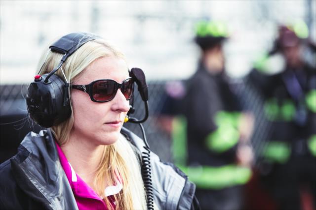 Pippa Mann watches track activity from pit lane during the final warmup for the Firestone Grand Prix of St. Petersburg -- Photo by: Joe Skibinski