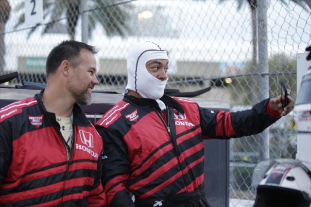 Former NFL fullback Mike Alstott and current NFL wide receiver Vincent Jackson take a photo together prior to their two-seater ride on the streets of St. Petersburg -- Photo by: Shawn Gritzmacher