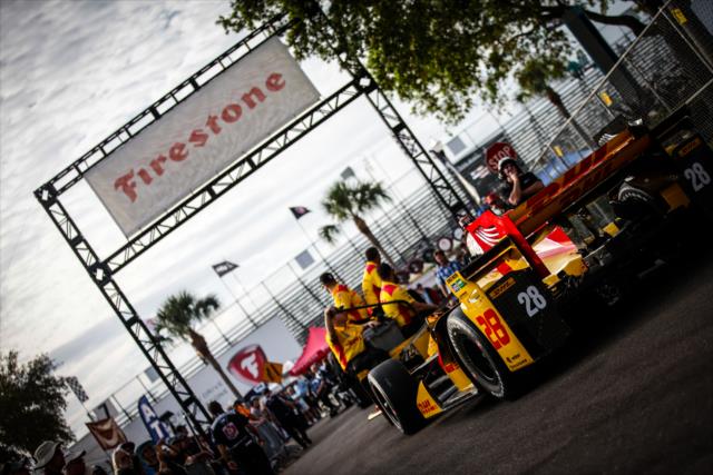 The No. 28 DHL Honda of Ryan Hunter-Reay is wheeled out to pit lane prior to the final warmup for the Firestone Grand Prix of St. Petersburg -- Photo by: Shawn Gritzmacher