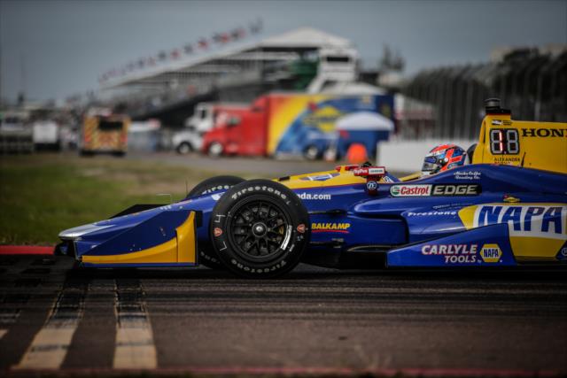 Alexander Rossi apexes the Turns 13-14 hairpin during the final warmup for the Firestone Grand Prix of St. Petersburg -- Photo by: Shawn Gritzmacher