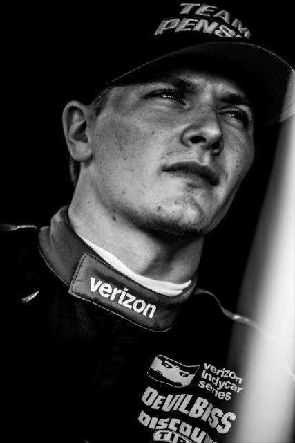 Josef Newgarden looks on from his pit stand following the final warmup for the Firestone Grand Prix of St. Petersburg -- Photo by: Shawn Gritzmacher