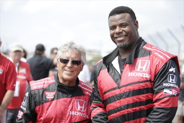 Mario Andretti poses with MLB Hall-Of-Famer Ken Griffey Jr. during pre-race festivities for the Firestone Grand Prix of St. Petersburg -- Photo by: Shawn Gritzmacher