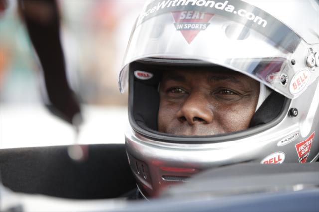 Major League Baseball Hall-Of-Famer Ken Griffey Jr. looks anxious as he sits in the two-seater to be driven by Mario Andretti during pre-race festivities for the Firestone Grand Prix of St. Petersburg -- Photo by: Shawn Gritzmacher
