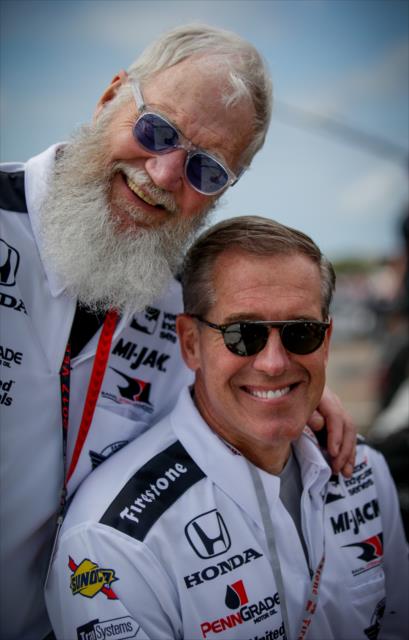 Team co-owner David Letterman poses with his guest, NBC's Brian Williams, during pre-race festivities for the Firestone Grand Prix of St. Petersburg -- Photo by: Shawn Gritzmacher