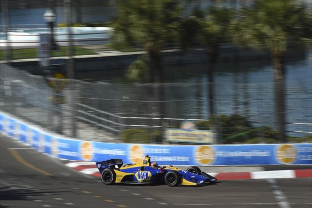 Alexander Rossi hits the apex of Turn 10 during practice for the Firestone Grand Prix of St. Petersburg -- Photo by: Chris Owens